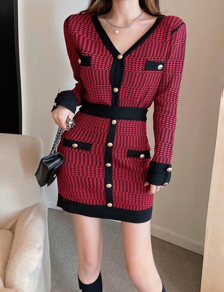 Retro Red Knitted Cardigan Slim Skirt Two-Piece Set