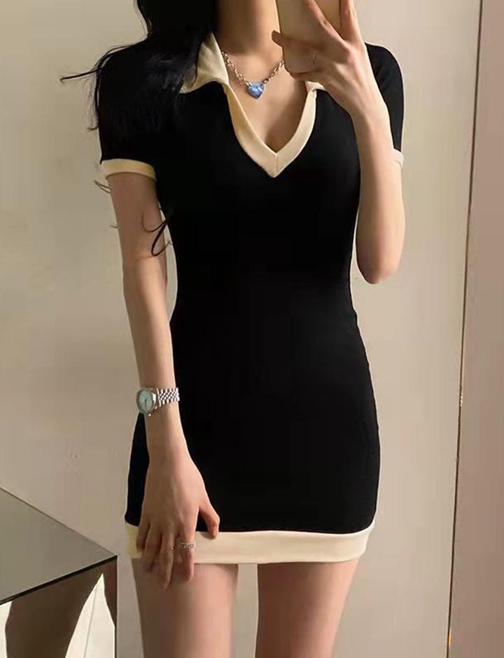 Slim Polo Neck Casual Black Bodycon Short Dress