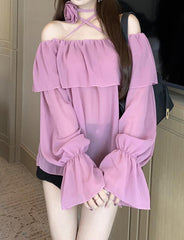 Rose Embellished Strapless Long-sleeved Chiffon Spring Thin Halter Neck Shirt with Straps