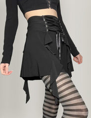 Ruffle Trim Lace Up Black Ballet Mini Pleated Skirt