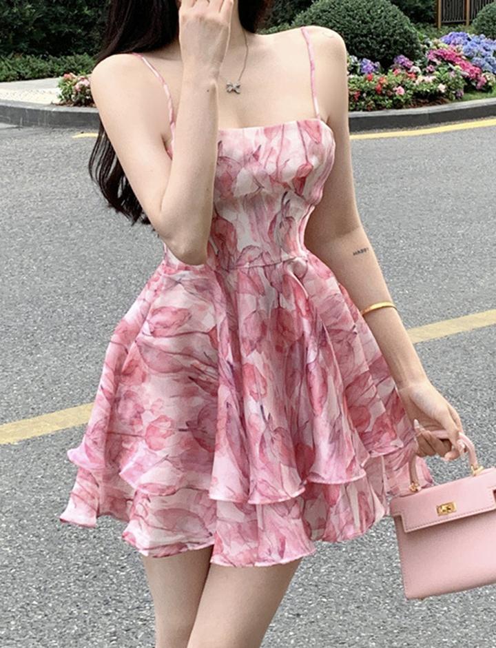 Romantic Tulip Small Pink Dress Waist Sling High Waist Floral Dress