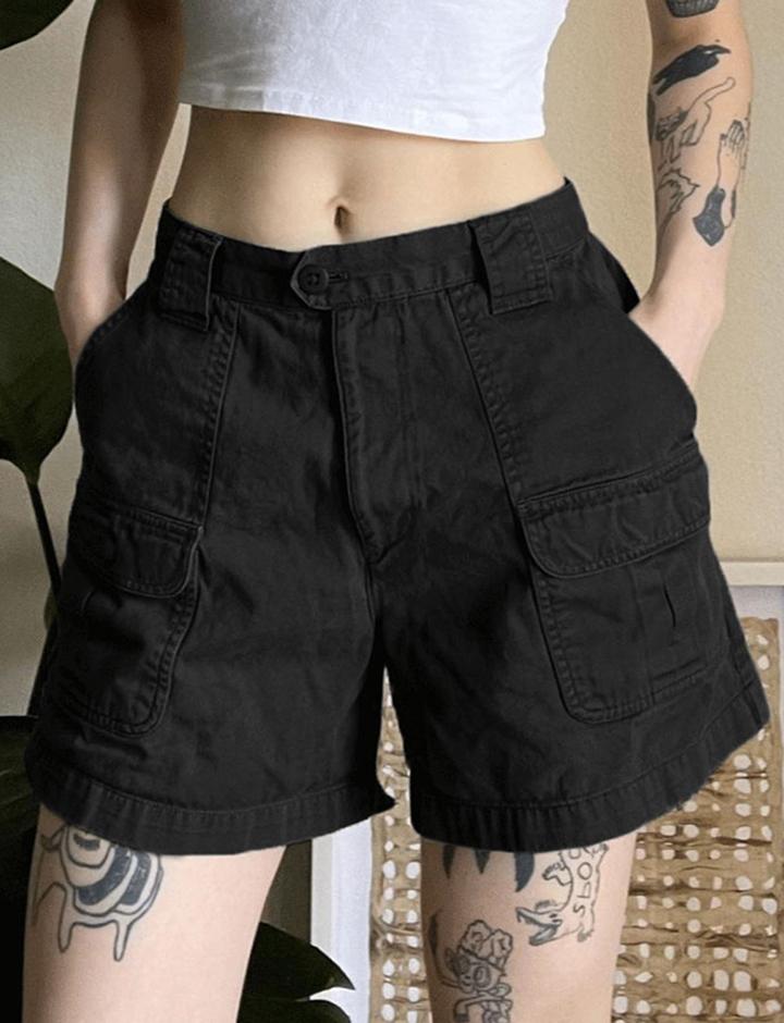 Simple High Waist Multi-pocket Cargo Denim Shorts