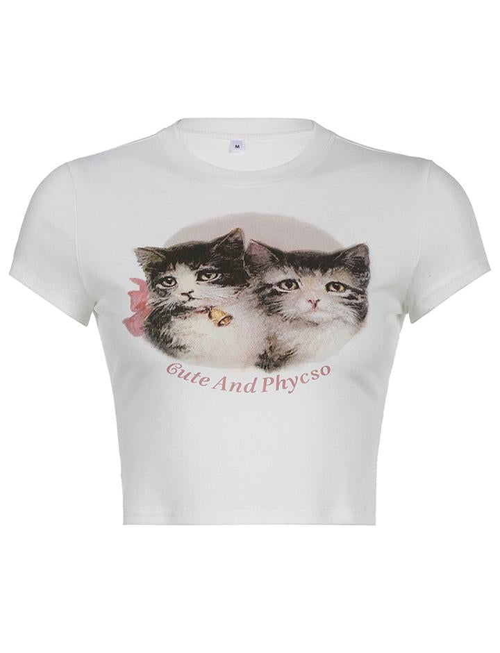 Round Neck Cute Cat Print Slim Fit Short Sleeve Cropped T-Shirt