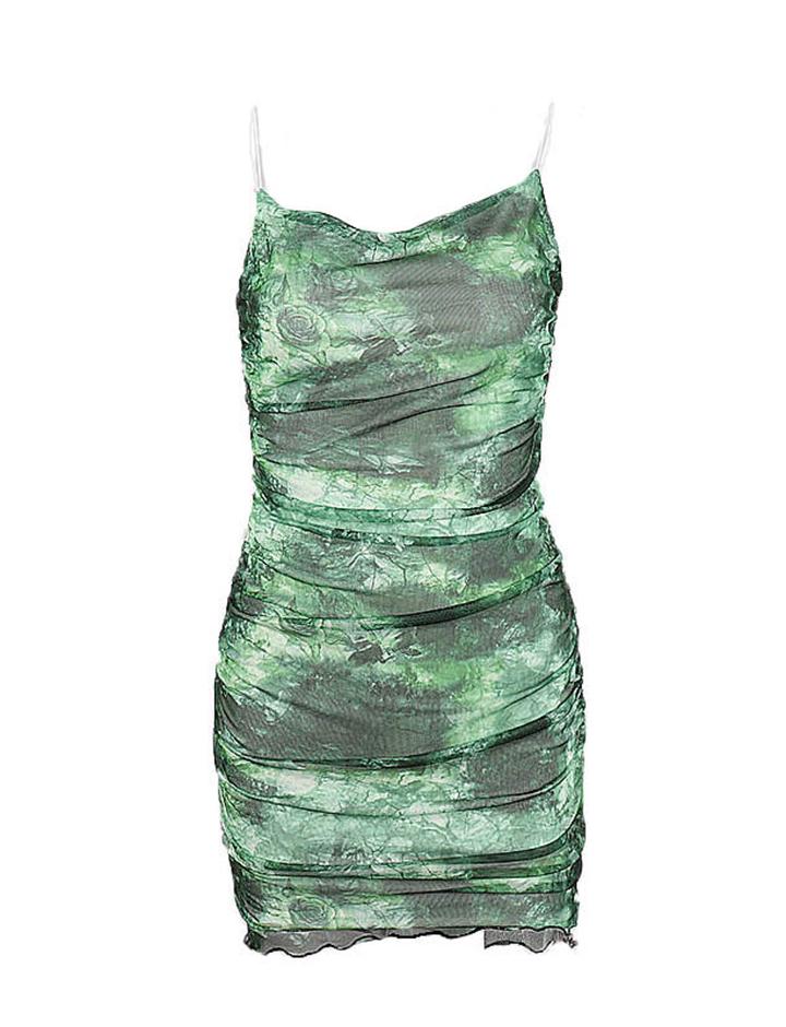 Tie-Dye Printed Backless Sling and Wooden Ear Trim Dress