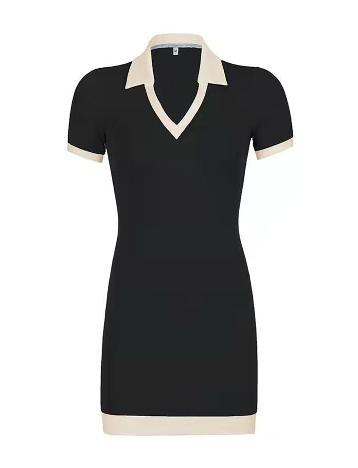 Slim Polo Neck Casual Black Bodycon Short Dress