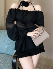 Rose Embellished Strapless Long-sleeved Chiffon Spring Thin Halter Neck Shirt with Straps