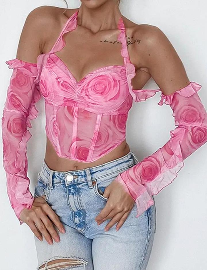 Rose Print  's Wooden Ear Tie Strap Halter Neck Wrap Chest Online Sleeves For