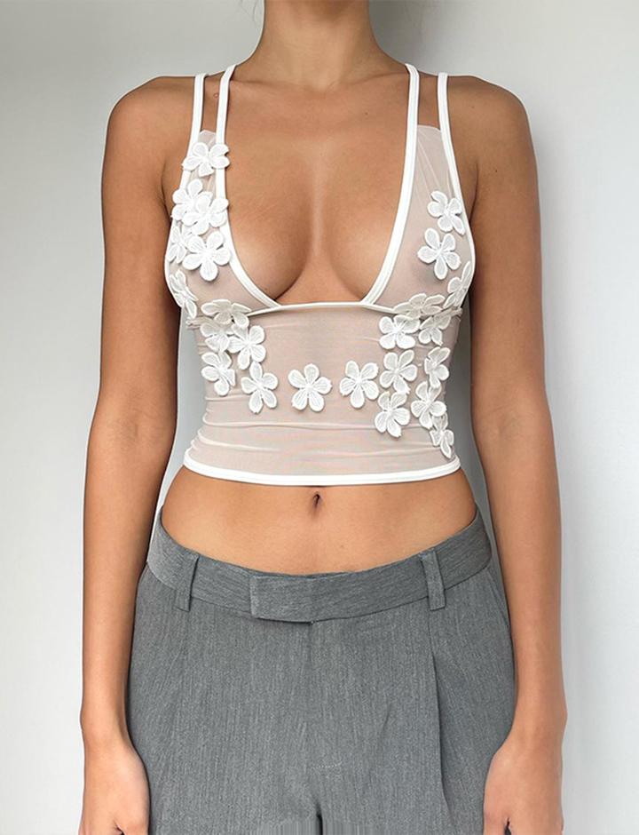 Sleeveless Floral Mesh See-Through   Crop Top