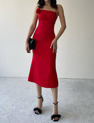 Red Sling Three-dimensional Flower Slim Dress