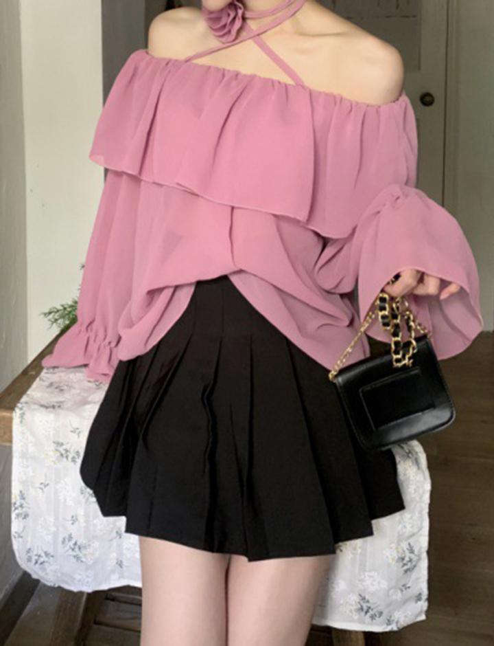 Rose Embellished Strapless Long-sleeved Chiffon Spring Thin Halter Neck Shirt with Straps