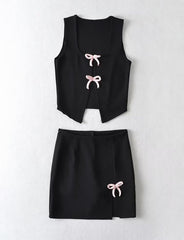 Sleeveless Bow Tank Top Slit Skirt Co Ord Sets
