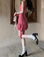 Ruffle Trim sStreamer Irregular Hem Summer Suspender Short Pink Dress