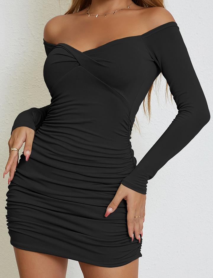 Pleated One-neck Long-sleeved  's Dress