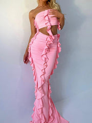Ruffled Fringe Decor Bandeau Top and Maxi Skirt Two Piece Set