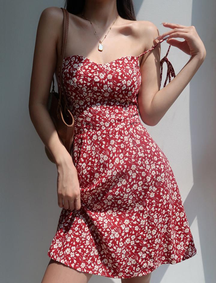 Retro Girl V Neck Red Slim Waist Bandage Floral Suspender Dress