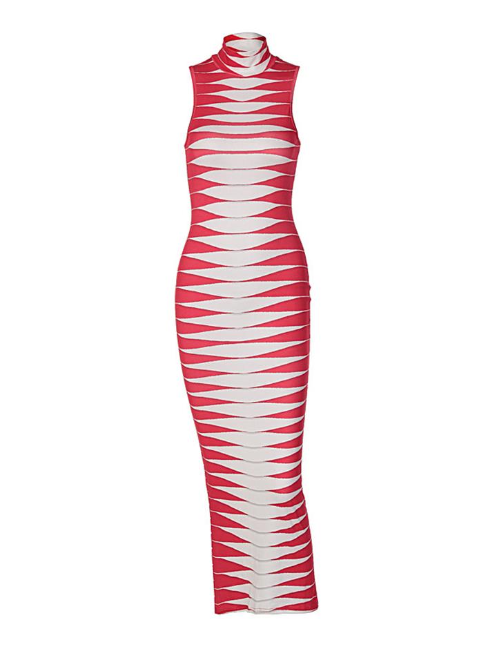 Red and White Panel Geometric Print Sleeveless Maxi Dress