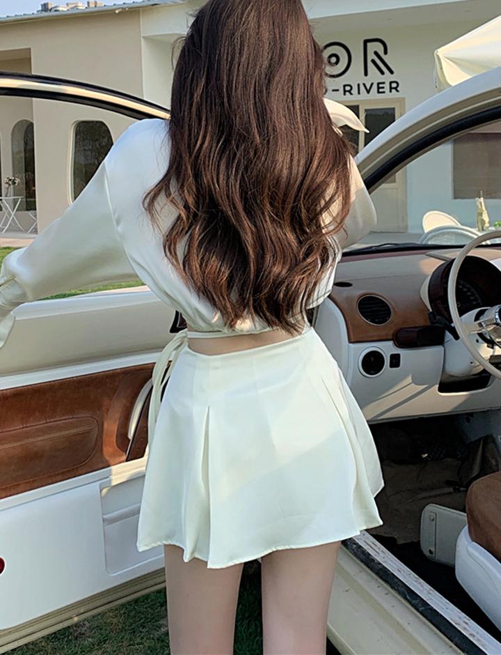 Skirt And Open Waist Long Sleeve Top Two Piece Sets