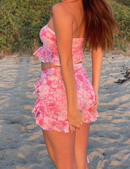 Ruffle Streamer Summer Pink Print Sleeveless Tank Top and Skirt Set