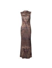 Round Neck Pullover Sleeveless Printed Hollow High Waist  's Dress