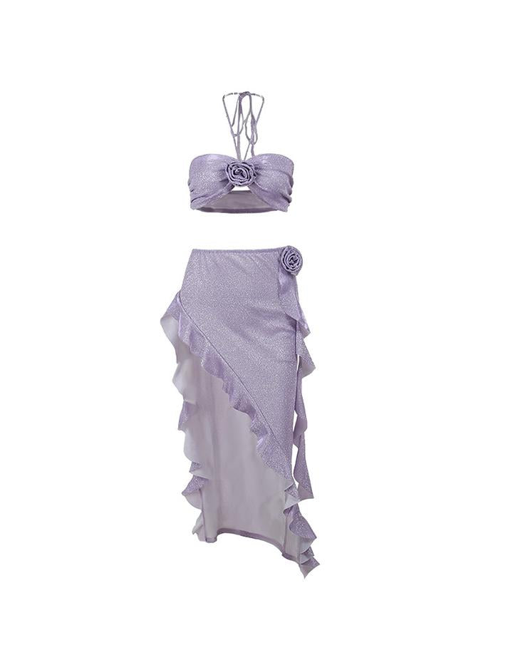 Shiny Flower Strapless Top Slit Skirt Set
