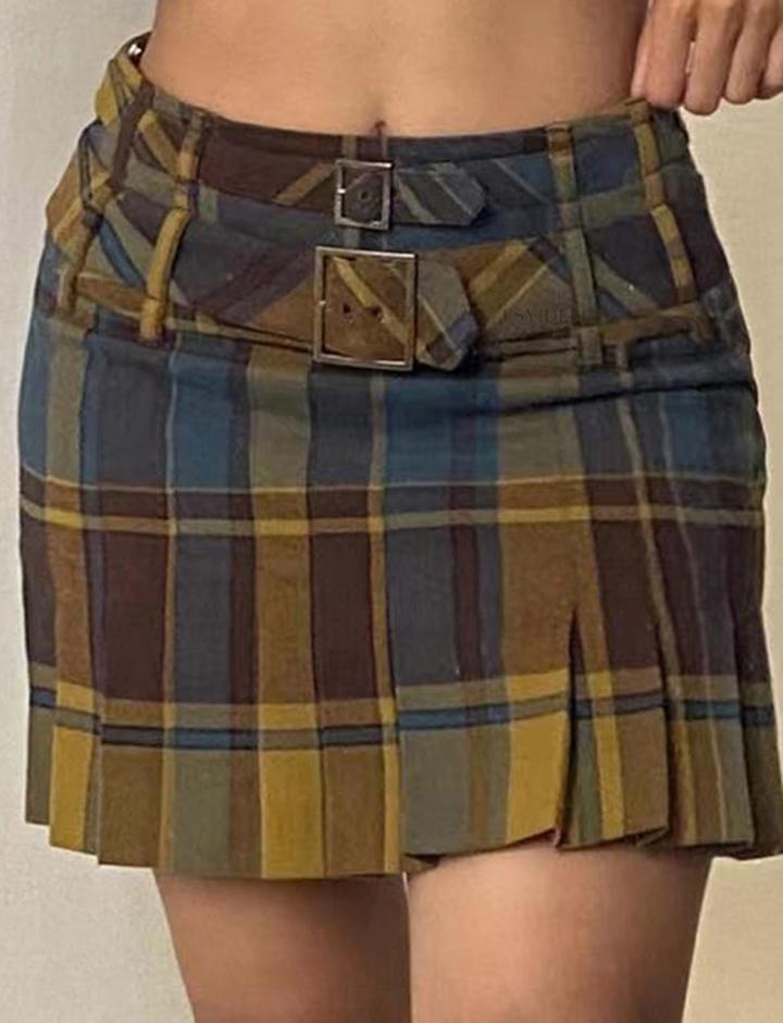 Retro Thick Zipper Plaid A-Line Skirt