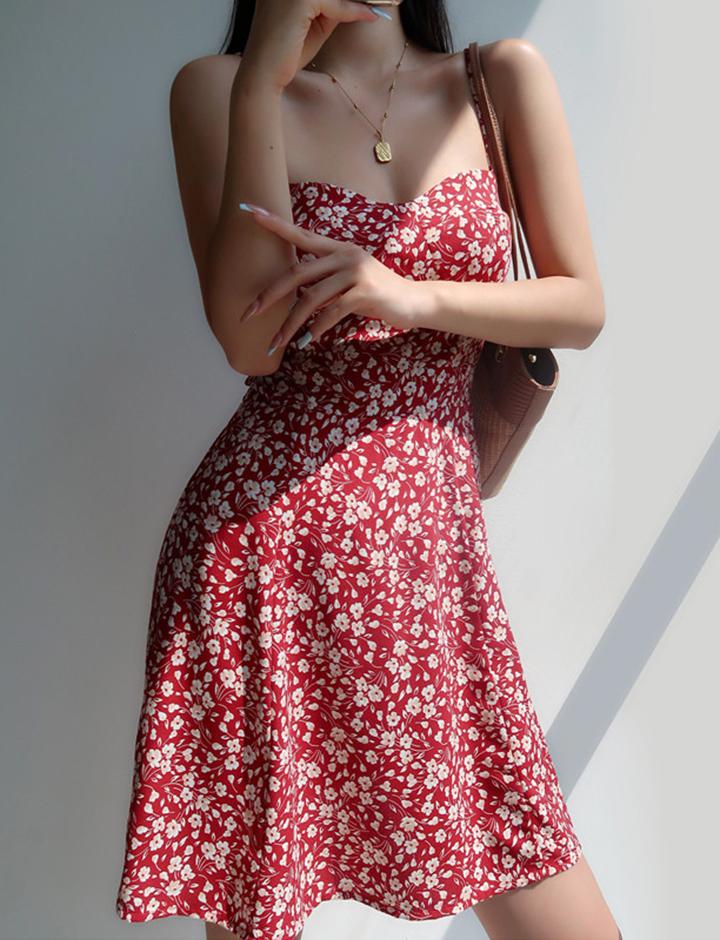 Retro Girl V Neck Red Slim Waist Bandage Floral Suspender Dress
