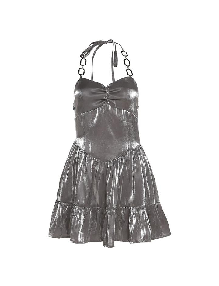 Reflective Fabric Slim High Waist   Metal Chain Halter Neck Strap Backless Dress