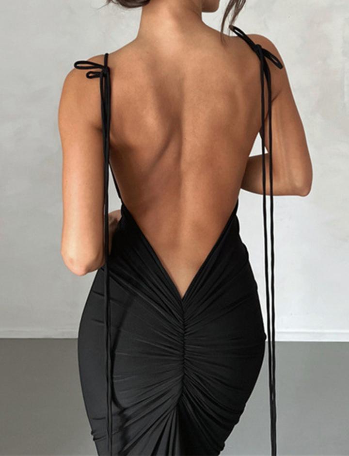 Open Back Slim Package Hip Pleated Sling Dress