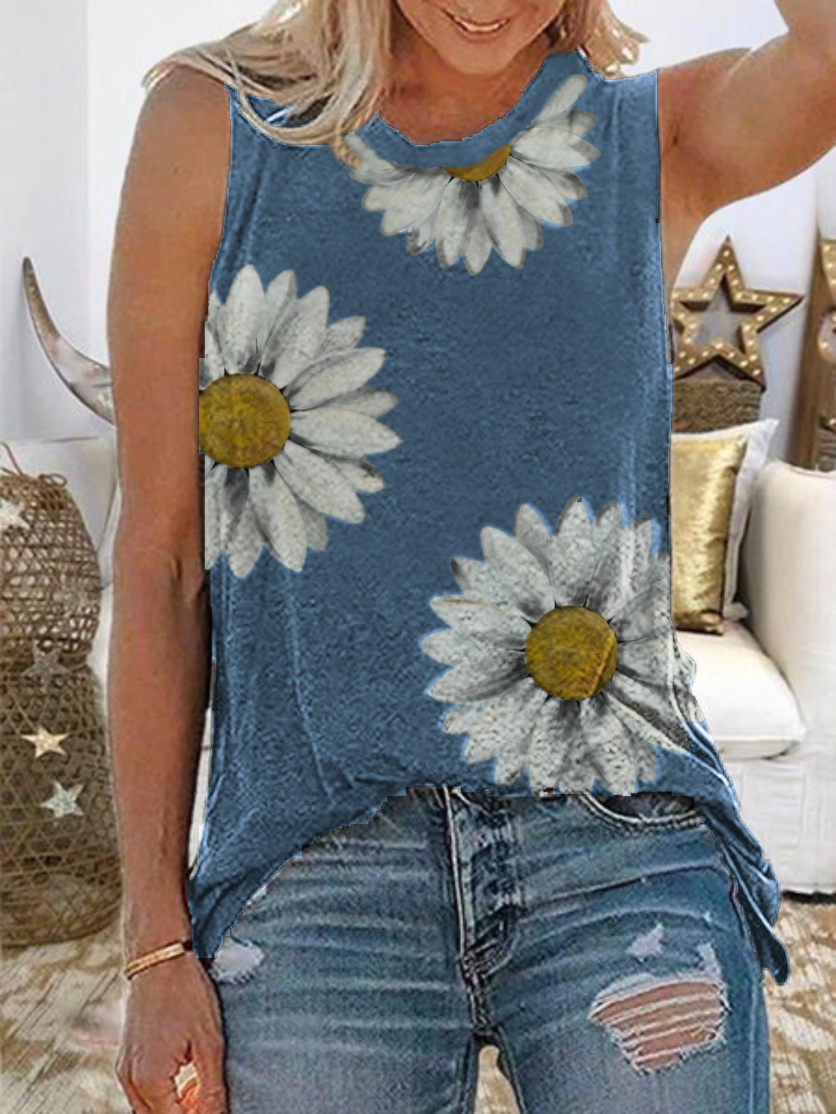 Plus size Floral Casual Sleeveless Shirts & Tops