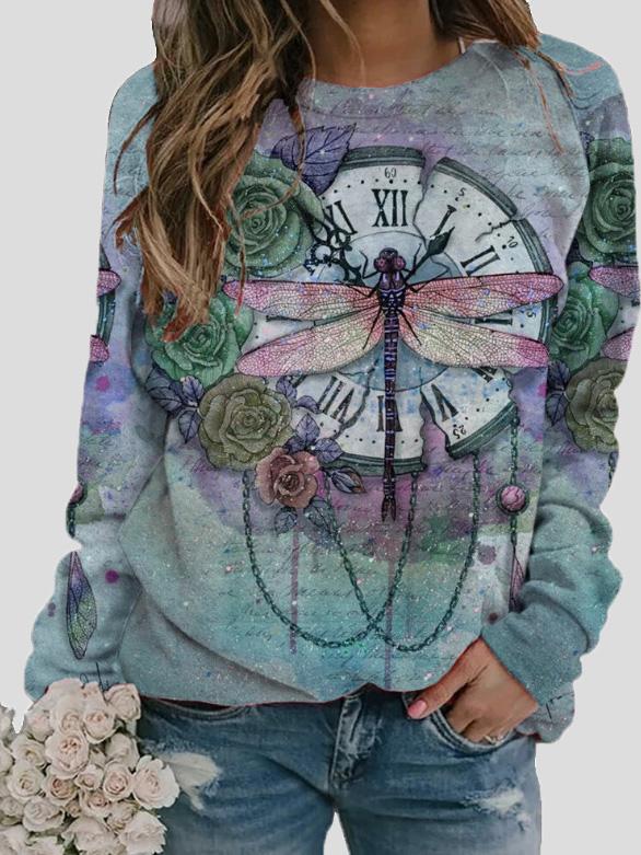 T-Shirts Retro Dragonfly Print Round Neck Long Sleeve T-Shirt