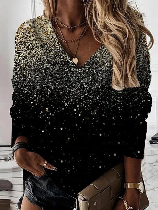 T-Shirts V-Neck Sequined Long Sleeve T-Shirt