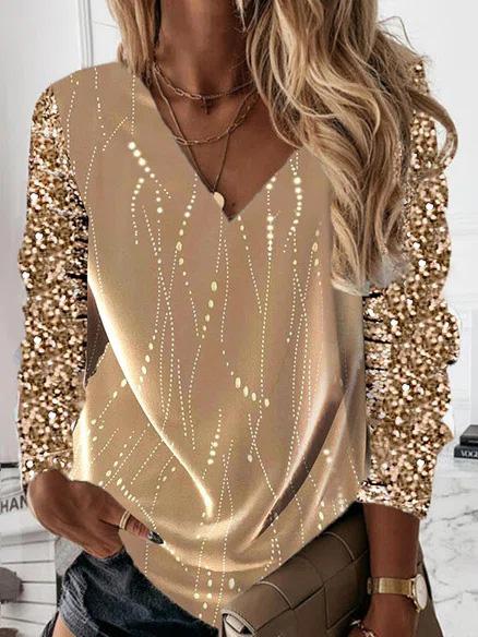 T-Shirts V-Neck Sequined Long Sleeve T-Shirt
